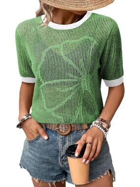 Women  Green Summer Short Hollow Out Floral Sweaters Beach Vacation Cruise Tops